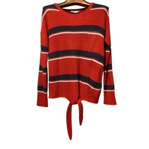 Tie front sweater in orange and grey